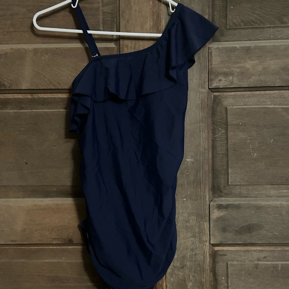 Navy One-Shoulder Ruffle One-Piece Swimsuit - Picture 4 of 4
